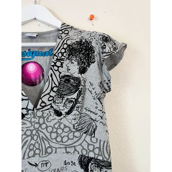 Desigual Women's Abstract Graphic Print A-Line Mini Dress Cap Sleeve V-Neck Gray - Picture 4 of 14